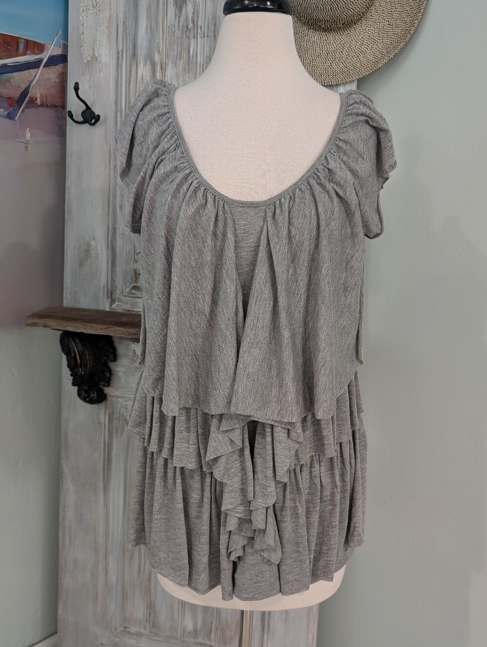 Buffalo David Bitton Gray Ruffled Scoop Neck Tank